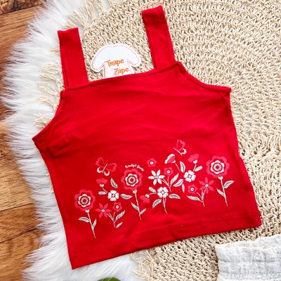 Conj. Regata Beutiful Flowers e Short em Linho - Vermelho